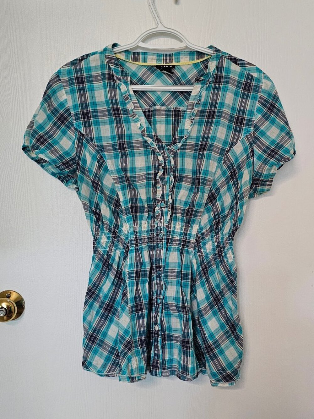 Torrid ruffle trim aqua navy white empire waist short sleeve blouse